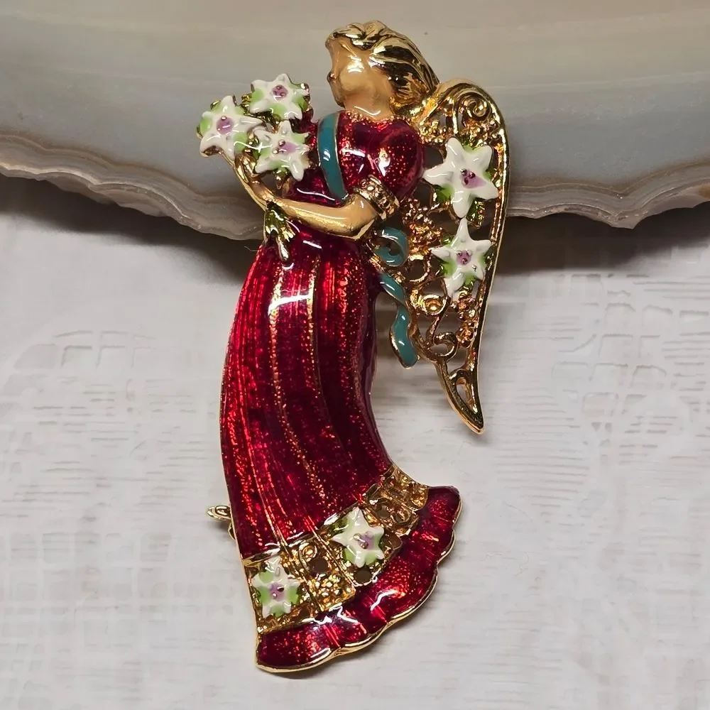Christopher Radko Christmas Angel Brooch Gold Tone Red Enamel Signed Rare VTG - Picture 1 of 9